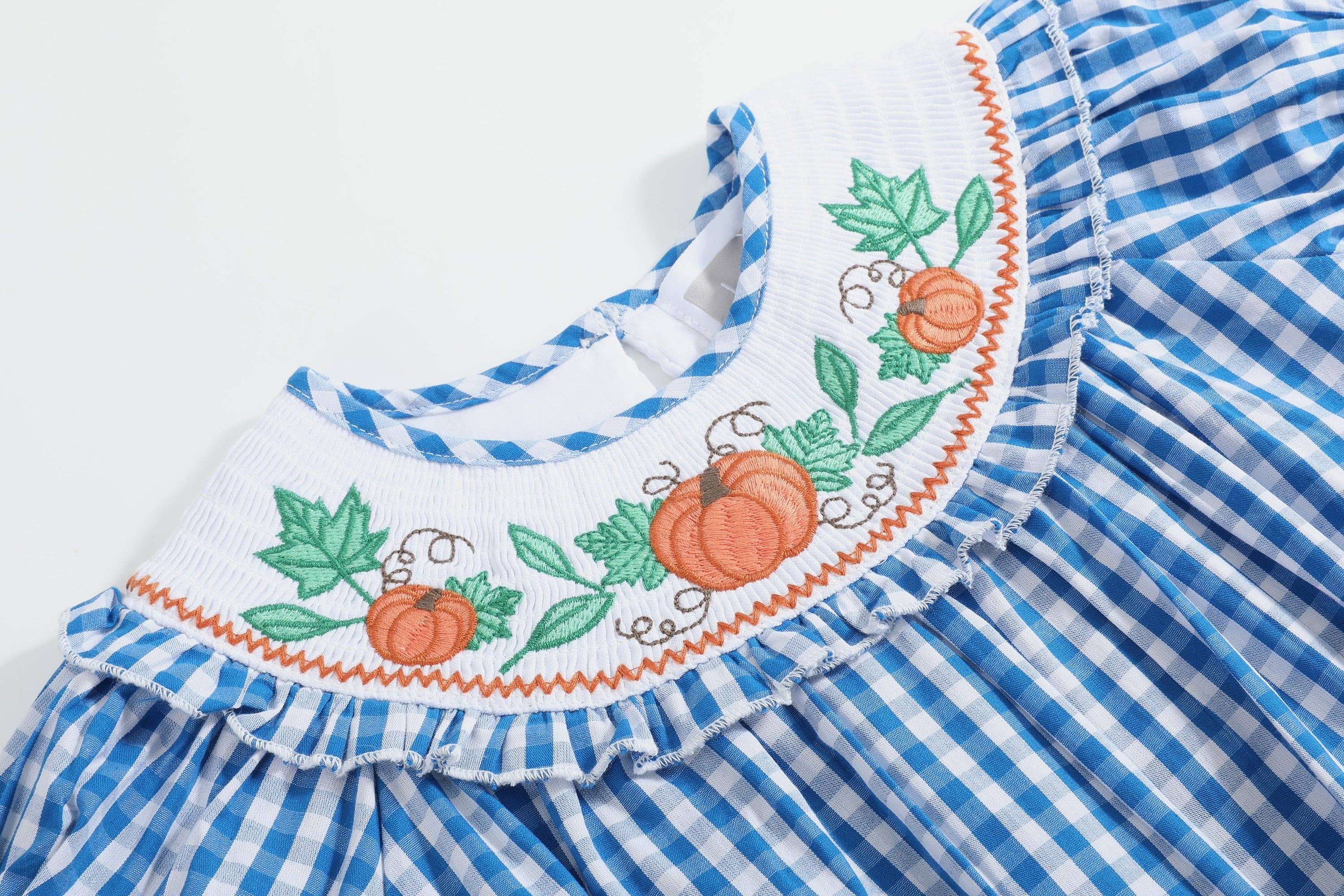 Lil Cactus – wholesale Bodysuit (non-footed) – Baby – Blue Gingham Pumpkin Smocked Ruffle Romper2