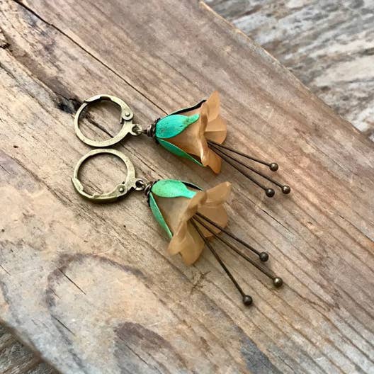 Orange Lucite Blossom Earrings With Handpainted Leaves for wholesale by Fuchsia Bloom Studio