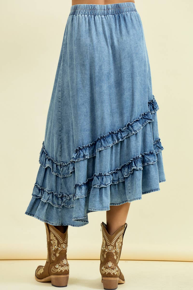 DENIM ASYMMETRISK VOLANG MIDI-KJOL - 6606S för wholesale på Faire2