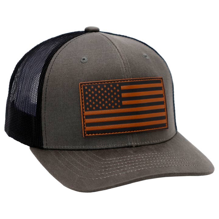 Cap Zone - Wholesale Trucker Hat - Unisex - American Flag Patch Oiled Faux Leather Trucker Hat