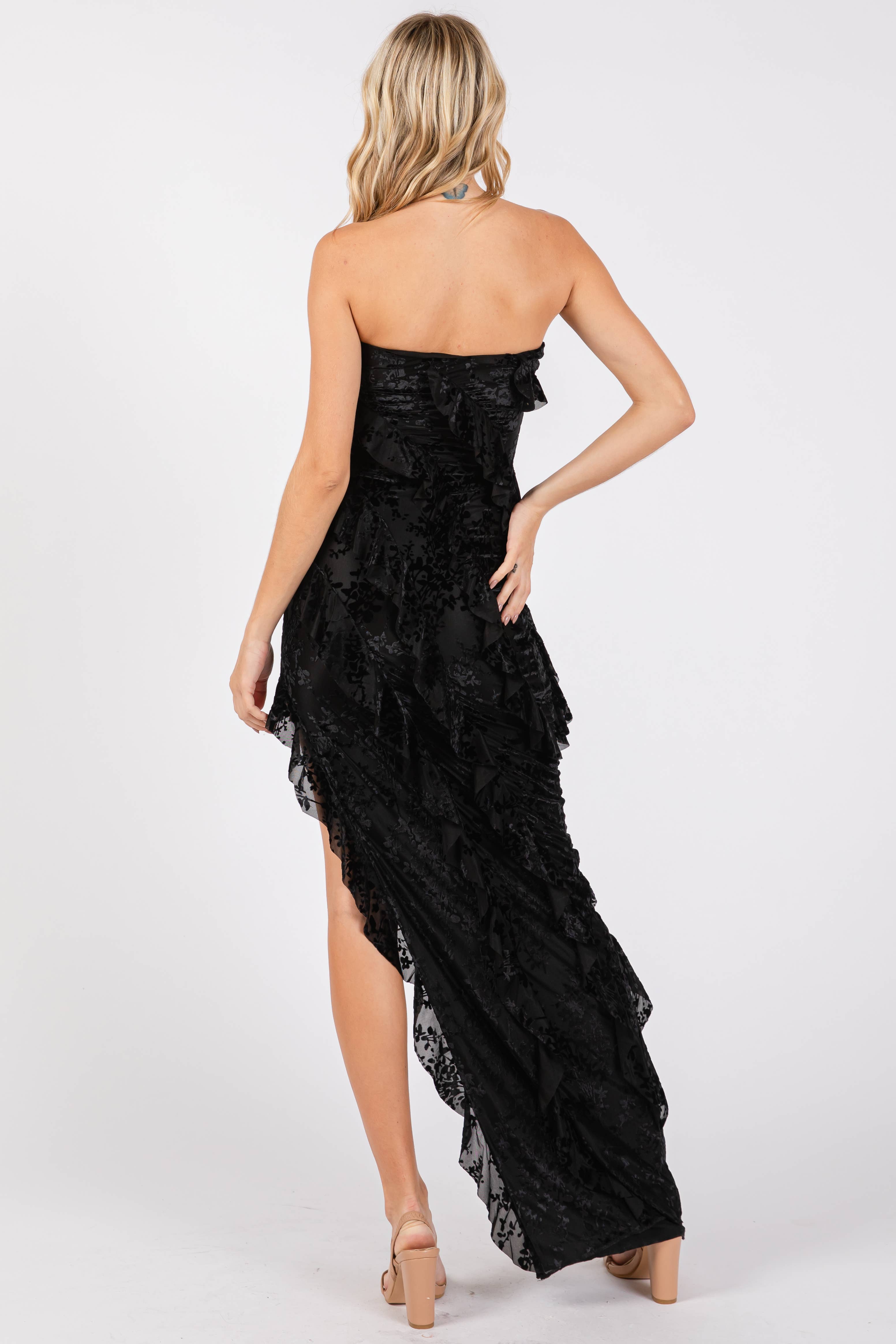 Black VID51523 - VELVET FLORAL PRINT MESH RUFFLED LONG DRESS for wholesale on Faire9