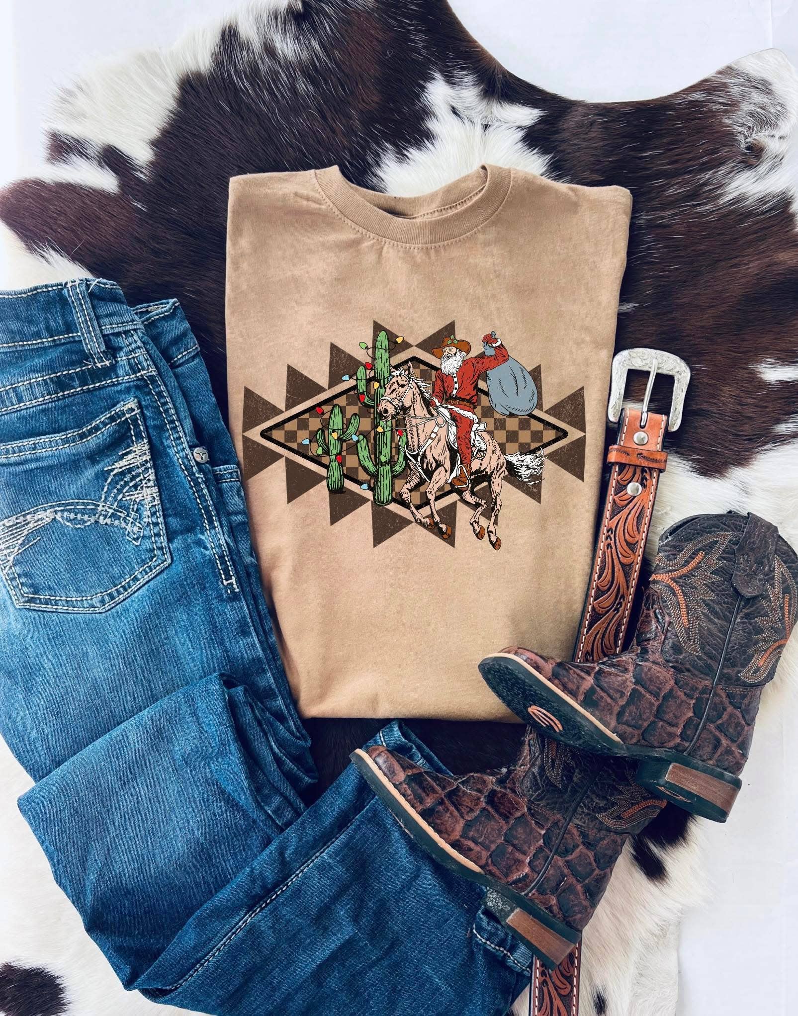 Buckin Baby Wholesale - Wholesale Screen Printed T-Shirt - Kids - Aztec bronc rider Santa