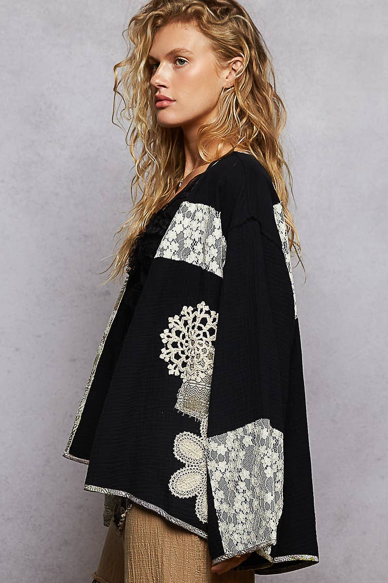 Pol Clothing - Wholesale Cardigan - Women's - Long sleeve double gauze crochet patch cardigan woven top1