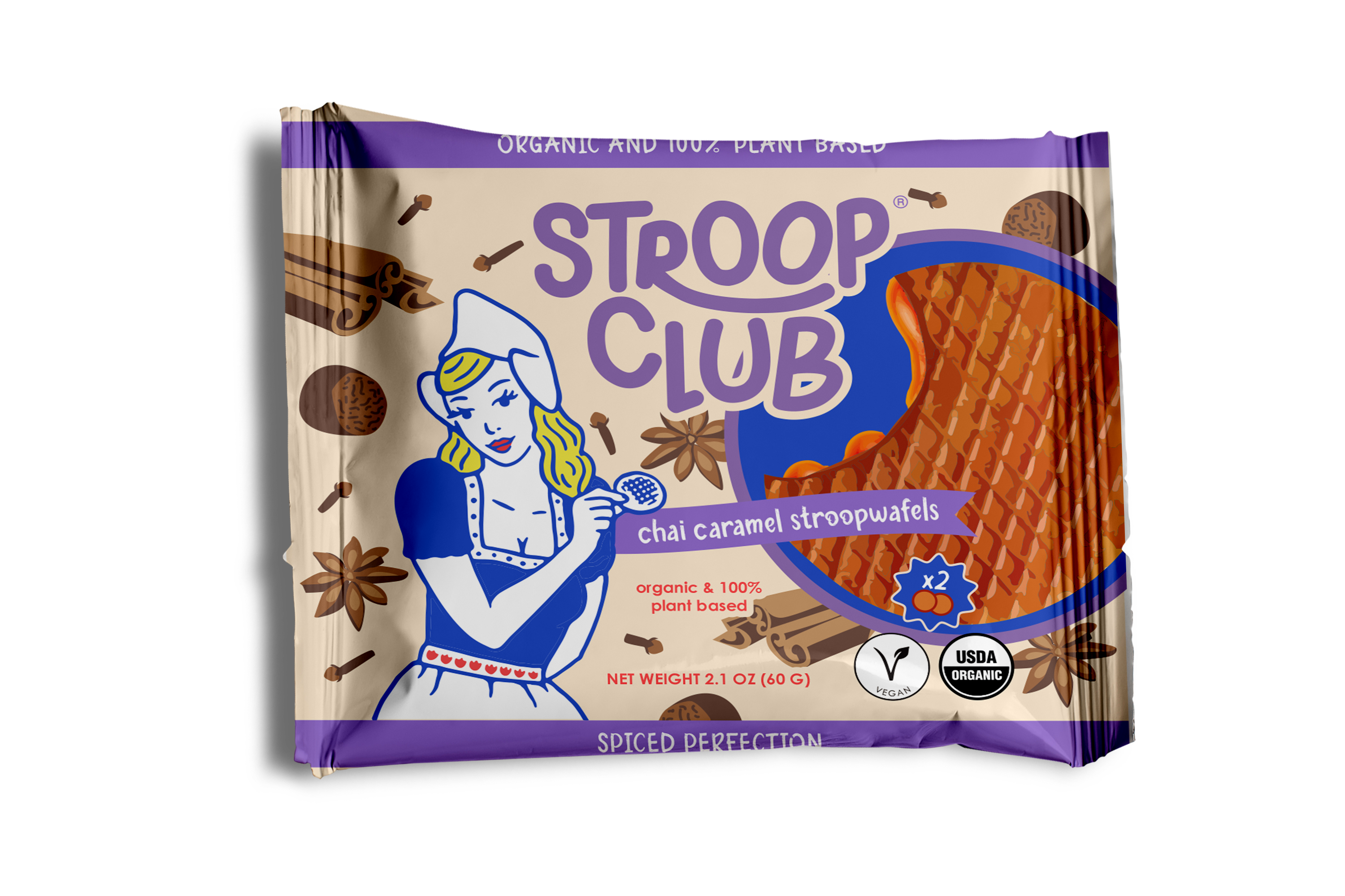 Stroop Club - Venta al por mayor Galletas - Stroopwafel orgánico de chai con caramelo y base vegetal, presentados en paquetes de 21