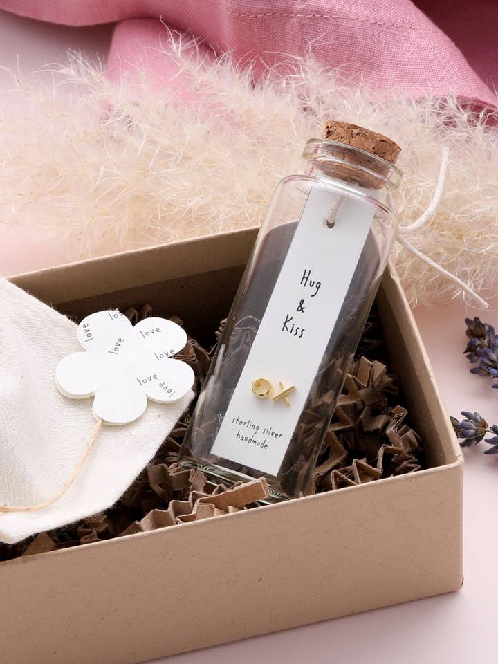 BT009 Message Bottle Sterling Silver Earrings 'Hug Kiss' for wholesale by Attic creations