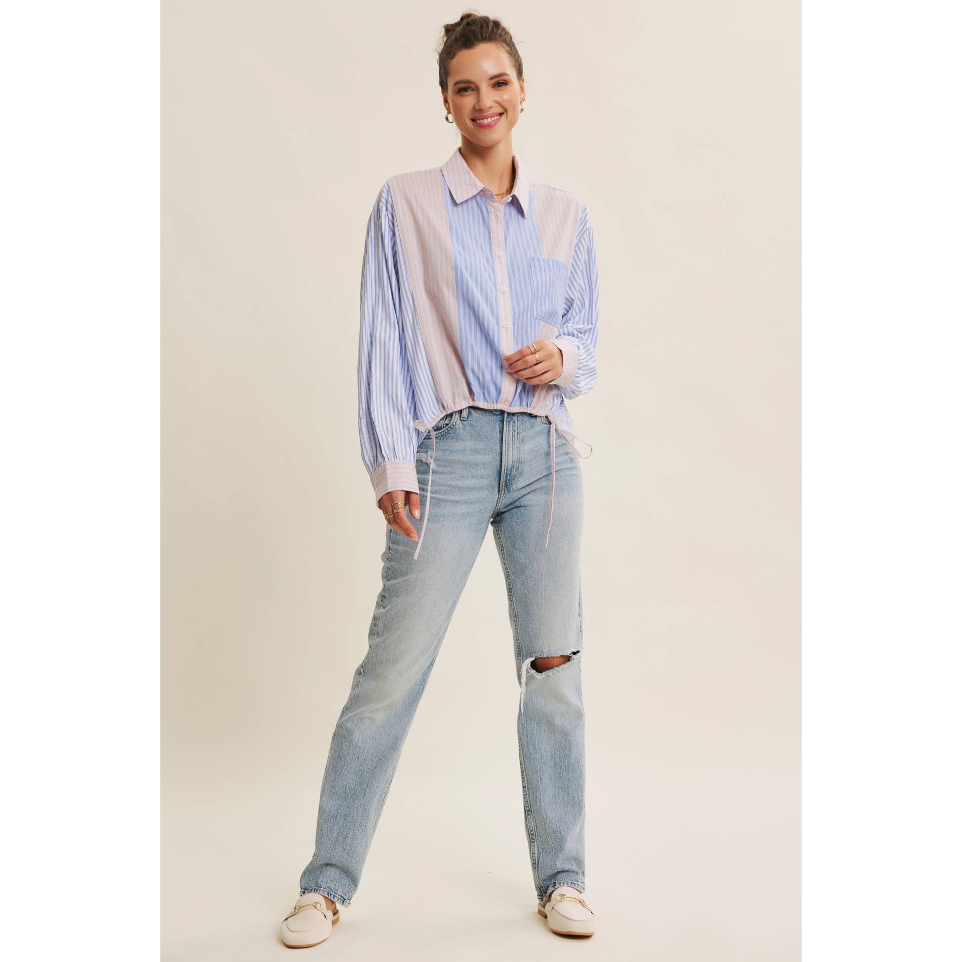 BLUE MULTI CLASSIC MEETS PLAYFUL STRIPE MIX DRAWSTRING WAIST SHIRT for wholesale on Faire9