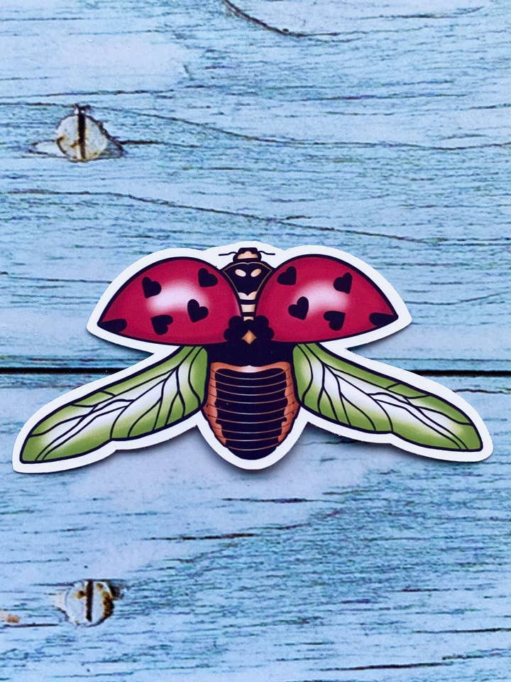 Autocollant en vinyle pour la Saint-Valentin, joli autocollant en forme d'insecte. pour la vente par Melanie Feltham Art