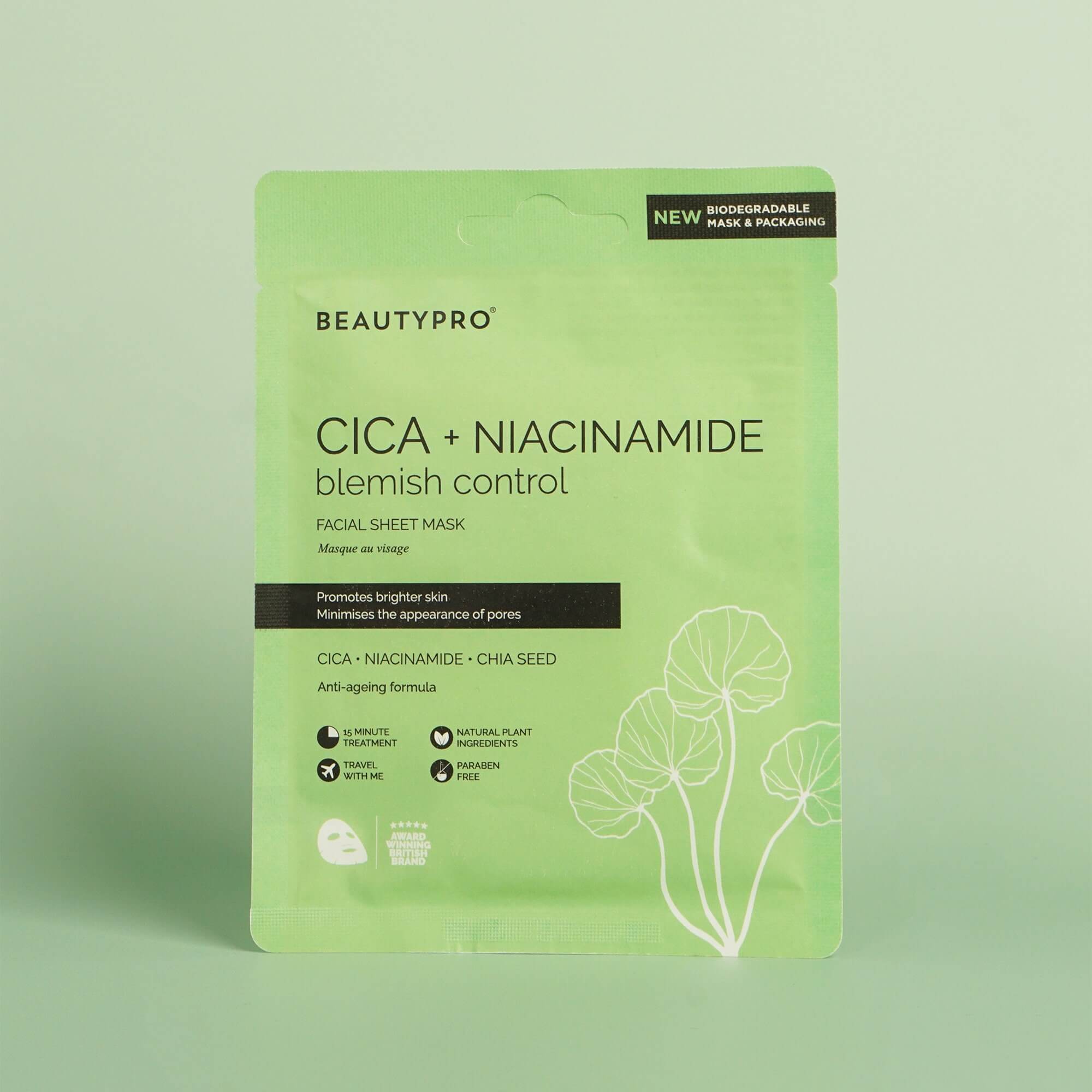BEAUTYPRO – wholesale Skincare face mask – CICA + NIACINAMIDE Facial Sheet Mask - 100% Biodegradable1