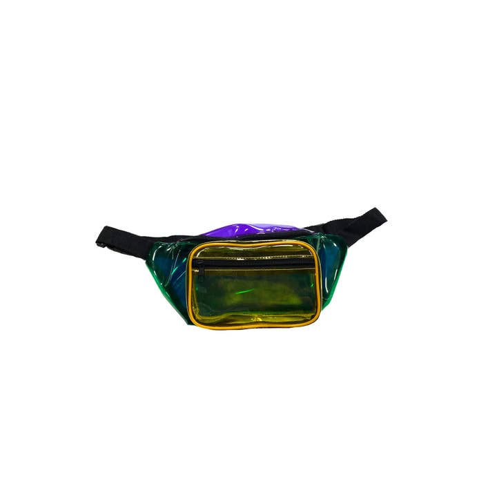 Mardi Gras Creations - Wholesale Belt Bag - Women's - Color Block Purple, Green, Gold Transparent Fanny Pack