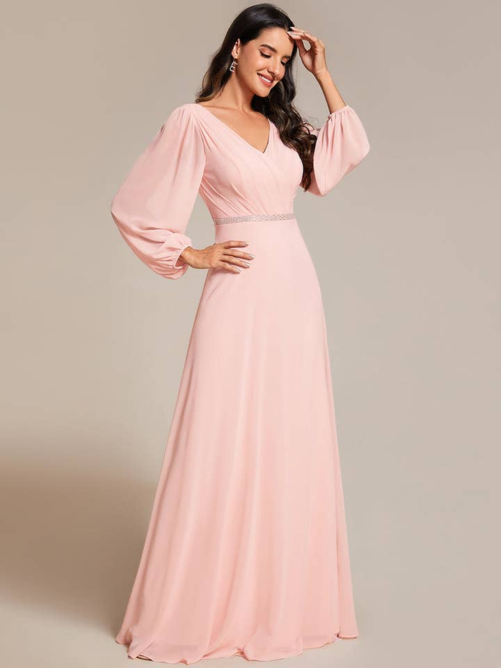 Ever-Pretty - Wholesale Gown - Women's - Elegant waisted chiffon V-neck Long Sleeve guest Dress65
