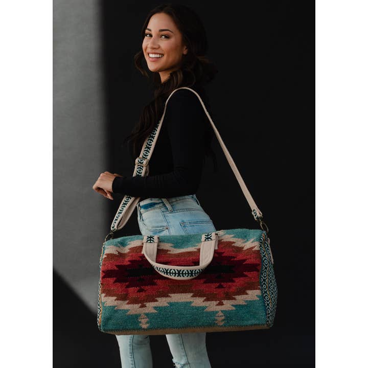 Panache Apparel Co. - Wholesale Weekender Bag - Women's - Teal, Burgundy & Tan Aztec Duffel