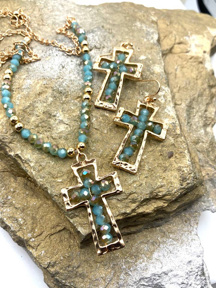Crystal beaded Cross Necklace and Earring Set for wholesale by Rebecca Ray Jewelry