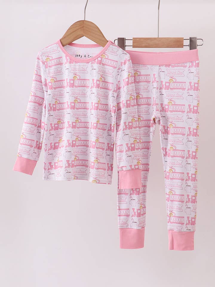 Pink train bamboo pajamas set for wholesale by Mom & Co.