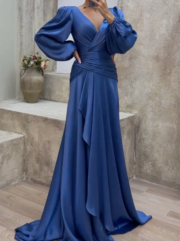 FurDecoration - Wholesale Gown - Women's - Look-Thin Pleated Solid Color V-Cut Long Sleeves Maxi Dresses4