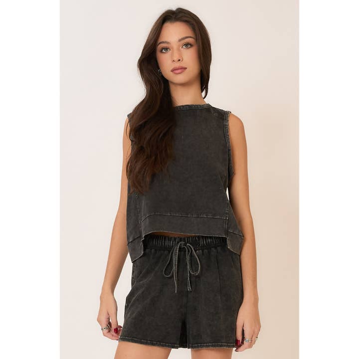 Washed Cotton Sleeveless High Low Cutout Hem Top for wholesale by Cozy Casual, Inc.