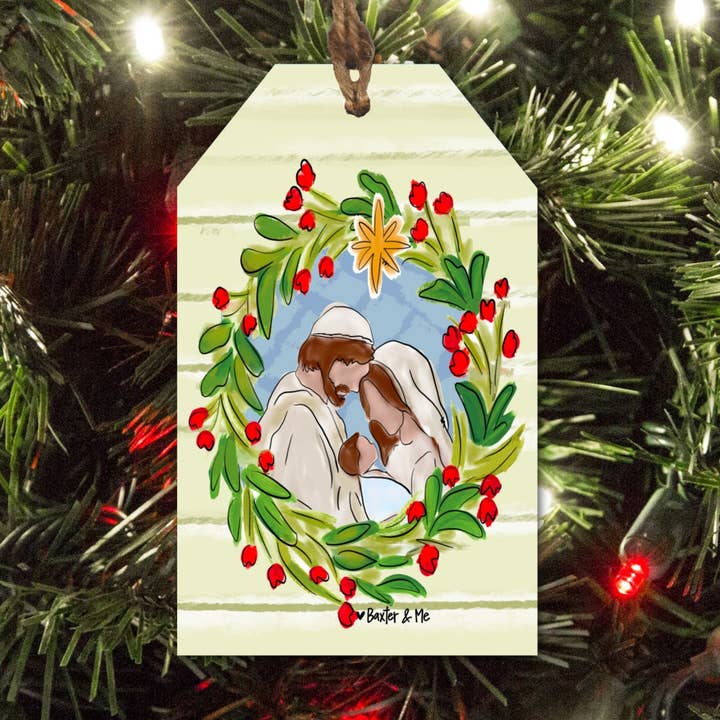 Joseph Mary Jesus Christmas Wreath Tag Ornament for wholesale by Baxter & Me