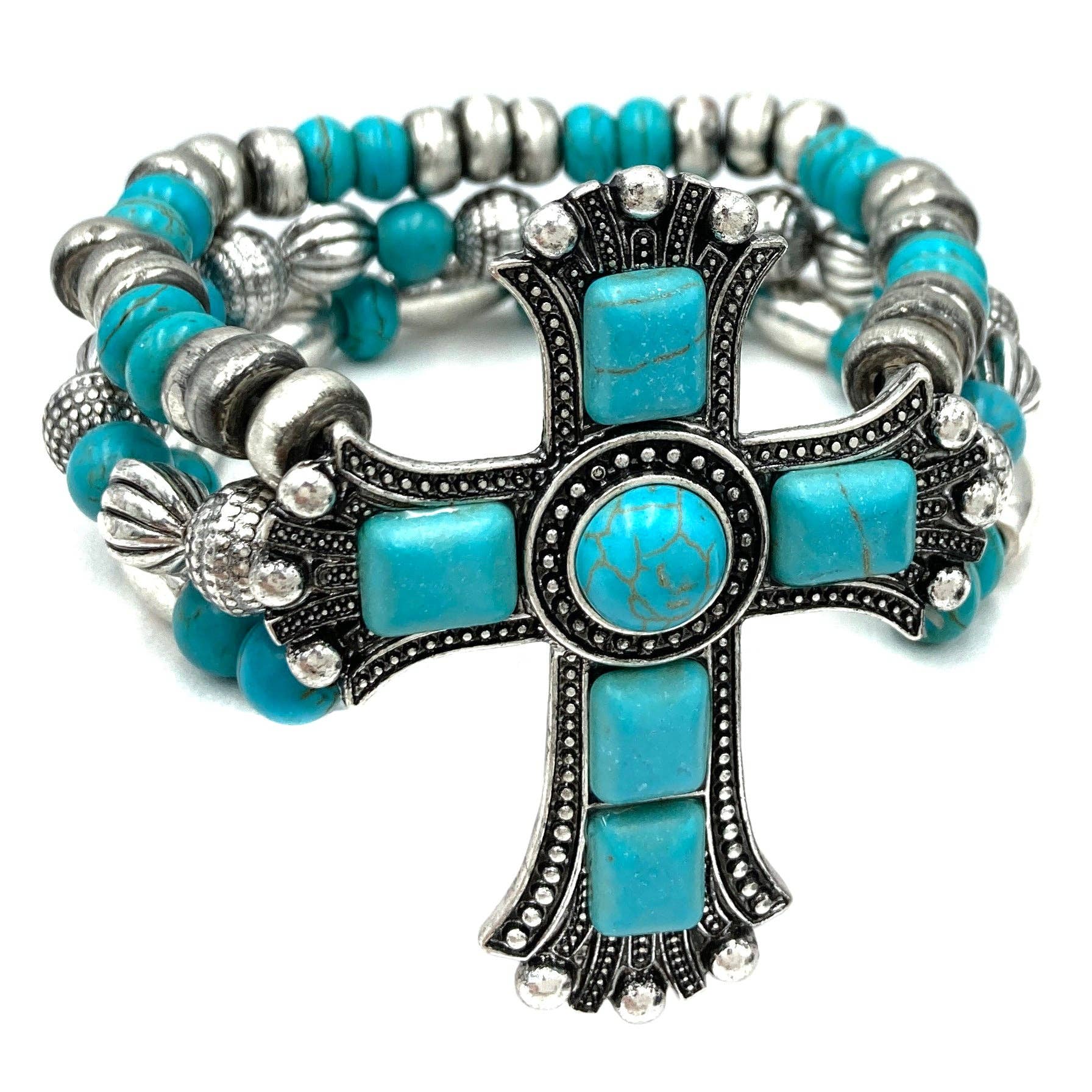 Lunar Deer - Wholesale Beaded Bracelet - Large Cross Turquoise Stone Western Chunky Beaded Bracelet0