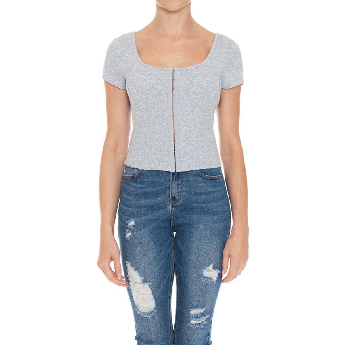 UP CLOTHING – wholesale Knit top – Women's – SQUARE NECK HOOK AND EYE BUSTIER SHORT SLEEVE TOP7