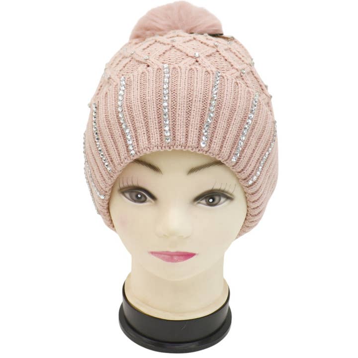 ASSORTED Pom Pom Knitted Beanie With Rhinestone HA4727-8 (12PC) for wholesale on Faire5