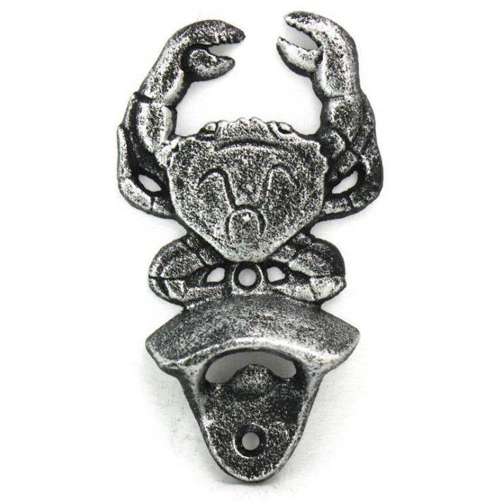 Antique Silver Cast Iron Wall Mounted Crab Bottle Opener 6" for wholesale by Hampton Ironworks