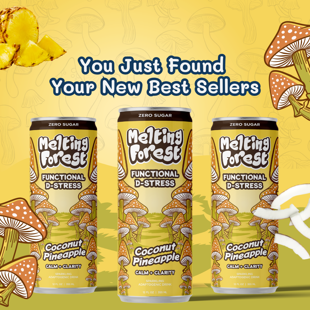 Melting Forest - Vente Eau gazeuse - Boisson aux champignons pour soulagement du stress - Noix de coco et ananas1