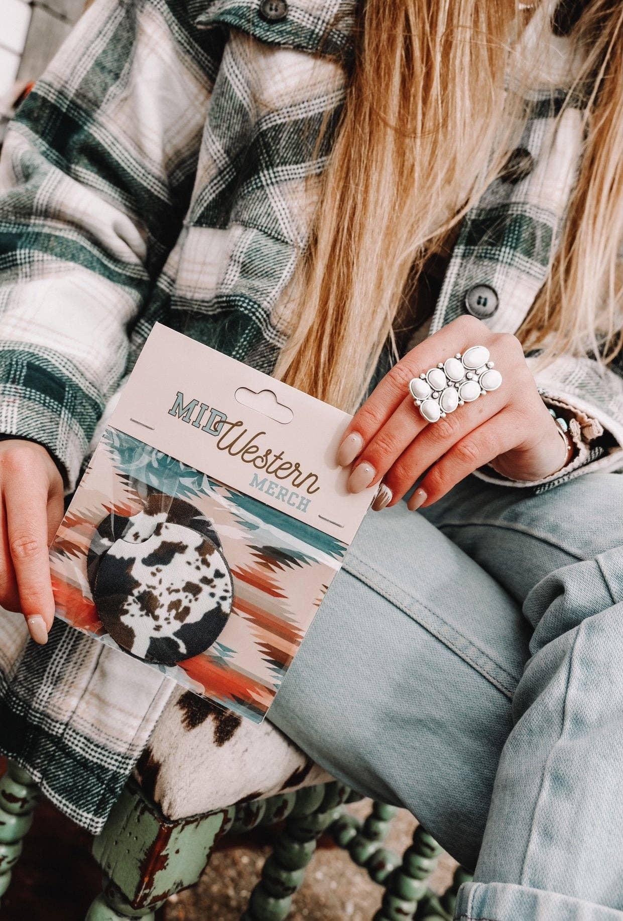 The Front Porch Label - Vendita all'ingrosso Sottobicchiere per auto - Donna - Sottobicchieri per auto con stampa in pelle bovina marrone Mooving On, confezione da 22