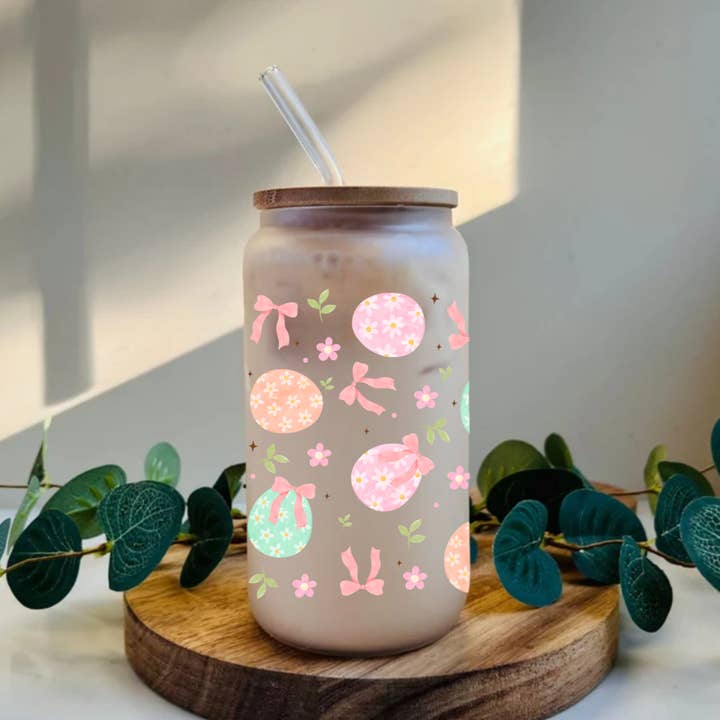 Easter Egg 16oz Glass Can Cup with Bamboo Lid for wholesale by She’s Called Boutique
