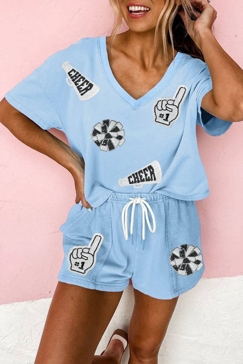 BLUE Cheer Graphic V Neck Short Set for wholesale on Faire0