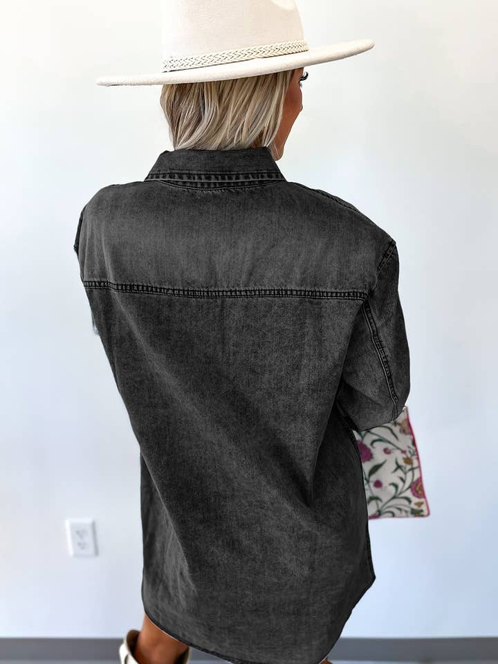 Lovesoft - Wholesale Dress - Women's - Beau Blue Chest Pocket Raw Hem Denim Loose Shirt Dress10