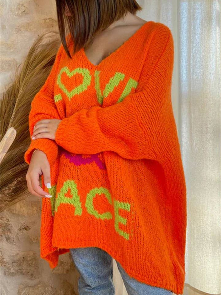 Rosa Clothing - Wholesale Tunic Sweater - Women's - Love and Peace v-neck loose Knit Sweater