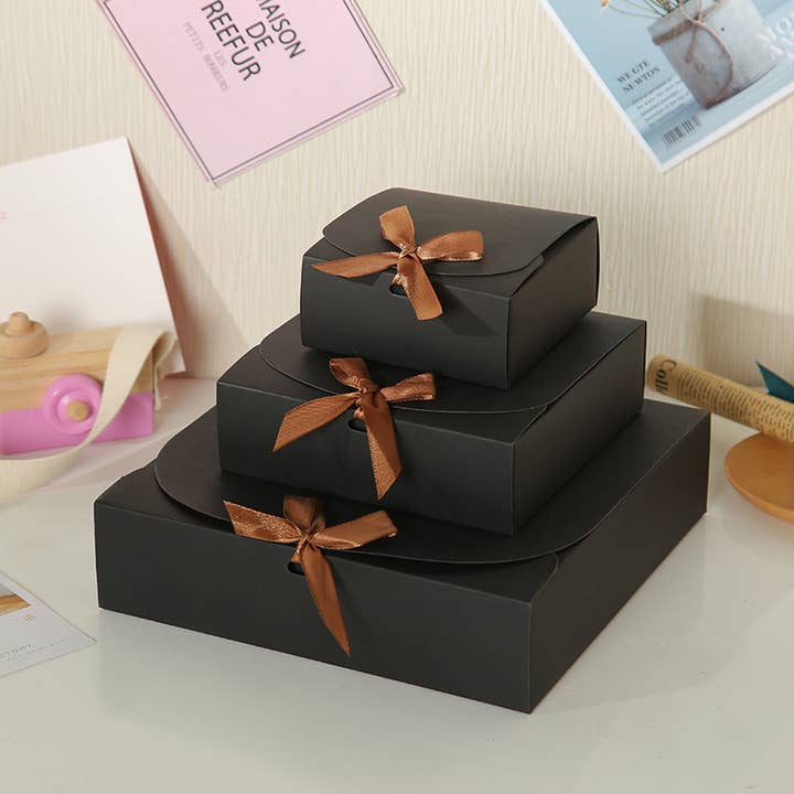 ByHome - Wholesale Gift Box - 25pcs, 3 sizes square Black paper gift Box w/ ribbon