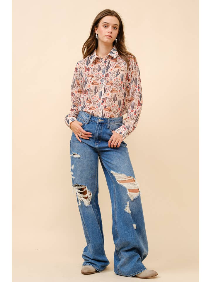 Blue B - Wholesale Button Down Shirt - Women's - 36204T - Western Print Chiffon Button Up Blouse3