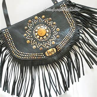 Handmade Black Leather Crossbody Bag with Studs & Fringe and other Purchase wholesale black gravelbag. Free returns & net 60 terms on Faire trending on Faire.