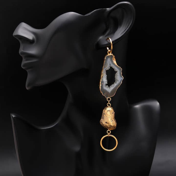 AG 925 JEWELLERY - Wholesale Dangle earrings - Brass Tobacco Geode Slice Agate Drusy Earrings Hypoallergenic2