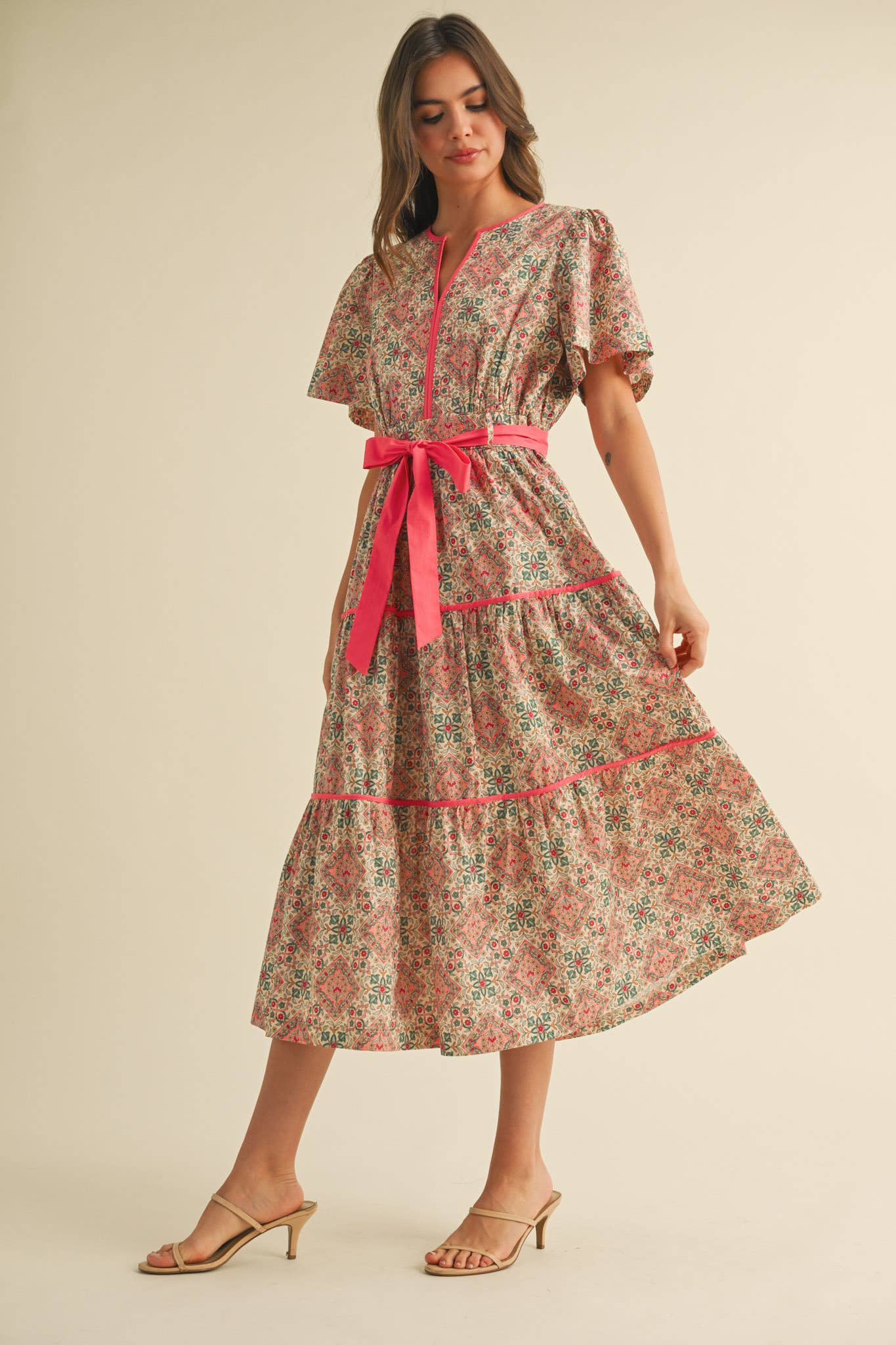 &MERCI - Vente Robe – femme - ROBE MIDI IMPRIMÉE À LIENS CONTRASTÉS MDR38217