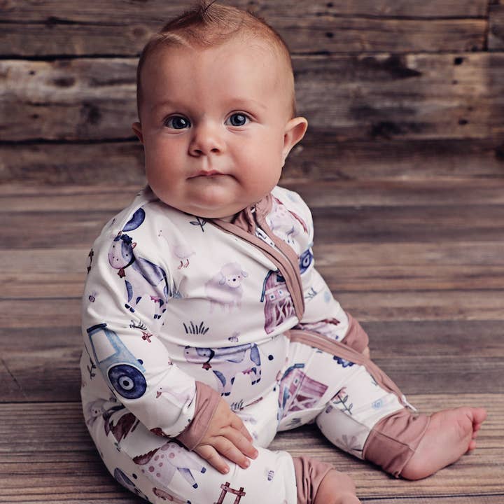 Baby White & Brown Baby Farm Animal Zip-Up Playsuit for wholesale by Millie Loves Lily