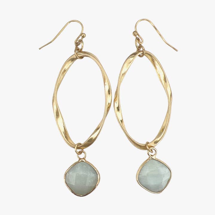 Twisted Gold Oval with Light Blue Stone Drop Earrings for wholesale by BOPS WHOLESALE