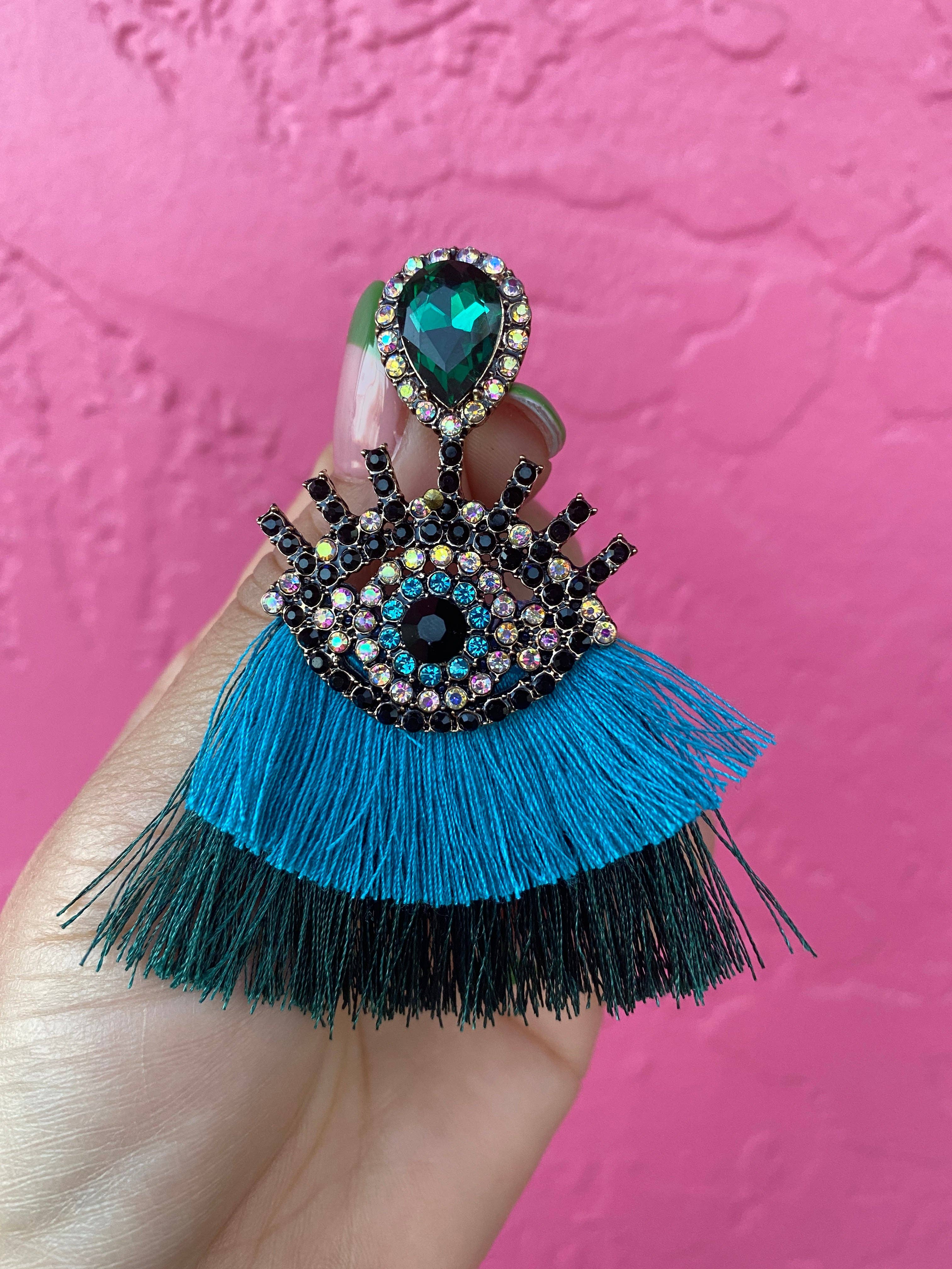 Very That - Wholesale  - Mal Ojo Teal Tassel Gem Earrings3