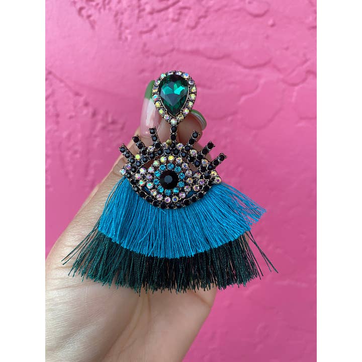 Very That - Wholesale - Mal Ojo Teal Tassel Gem Earrings3