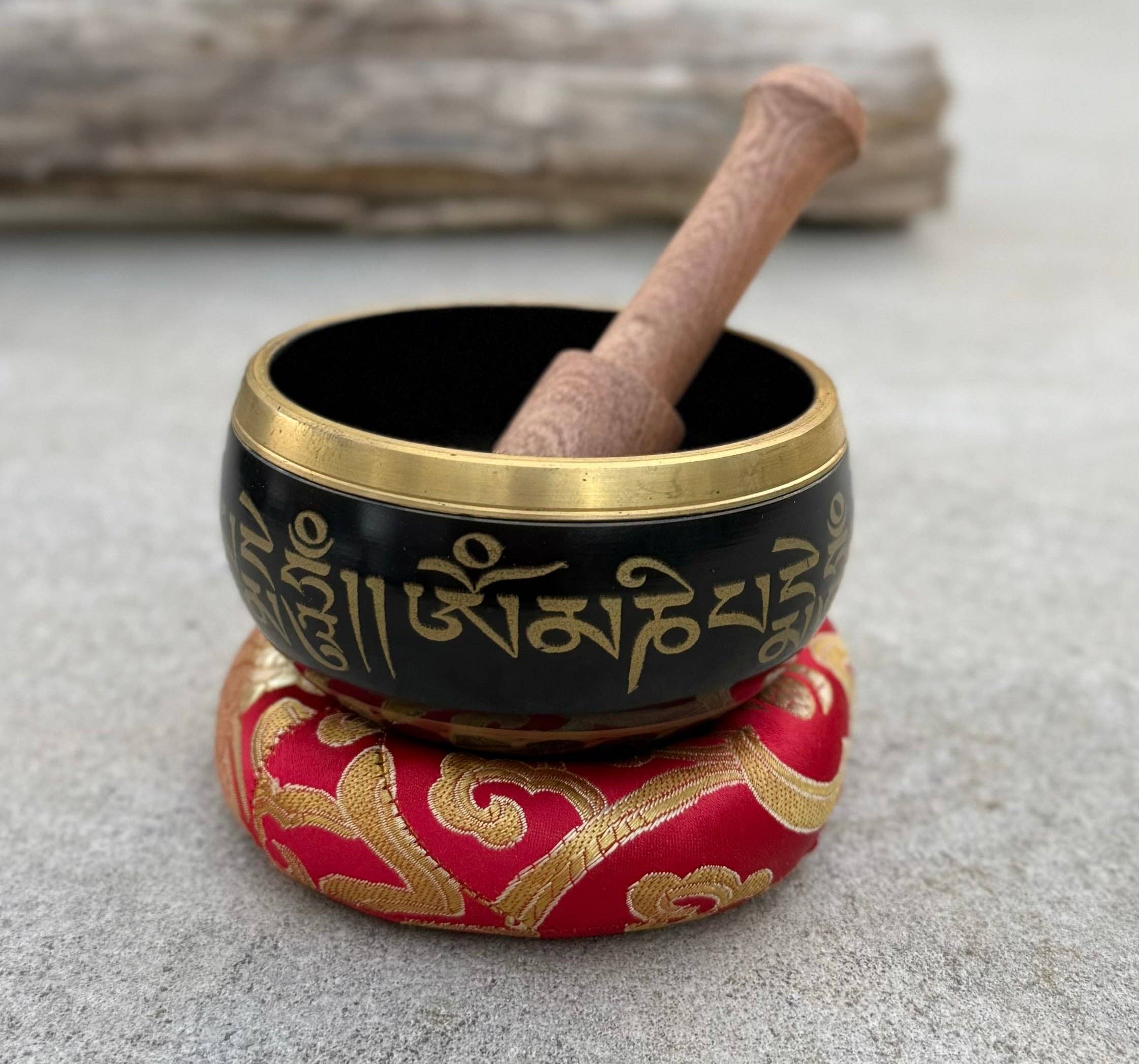 Lungta Imports - Wholesale Meditation Supplies - Tibetan Complete Singing Bowl Gift Box Set with OM Mani Padme Hum Etched Bowl6