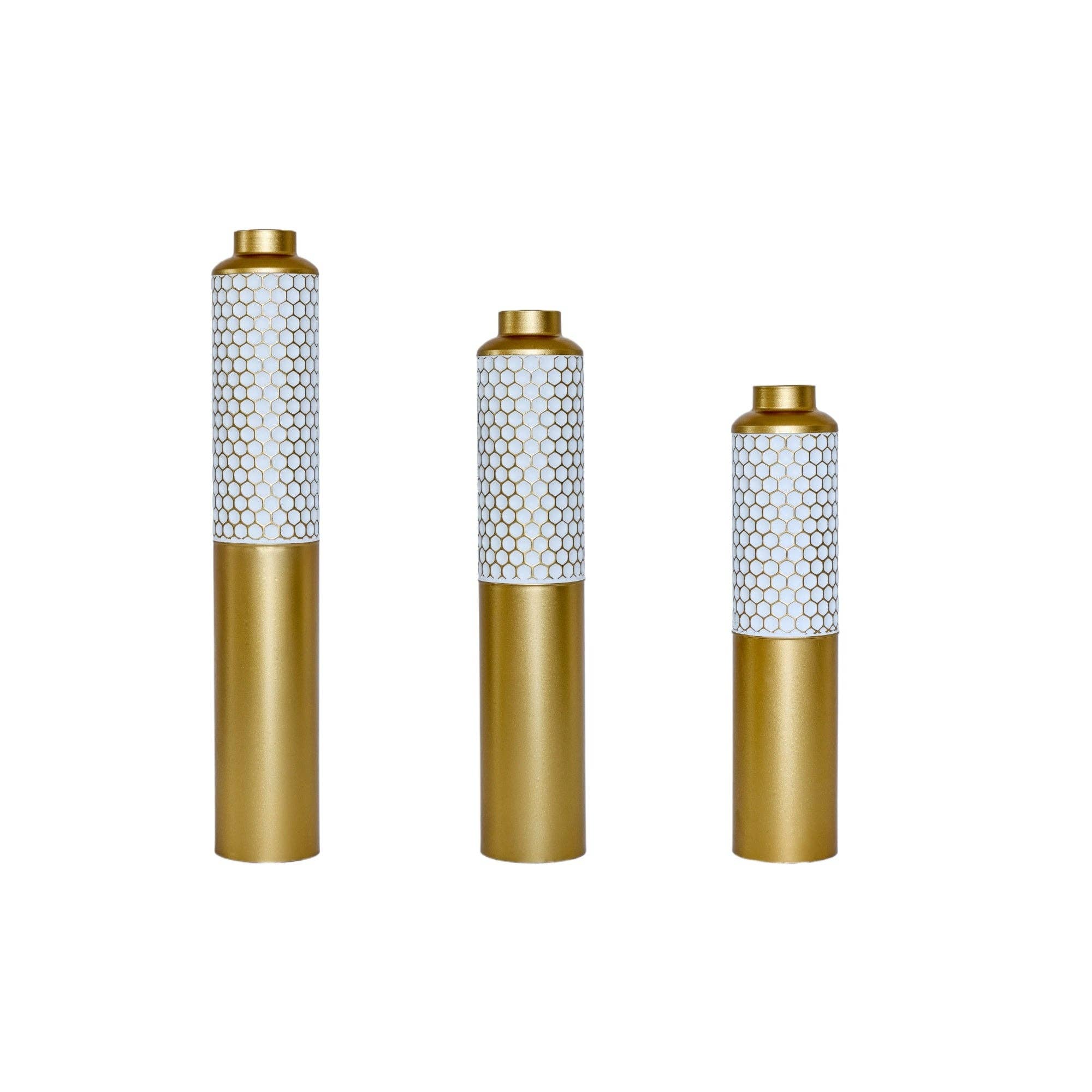 39F Inc. - Vente Vases - Ensemble de 3 vases de sol en métal doré et blanc en forme de goutte7