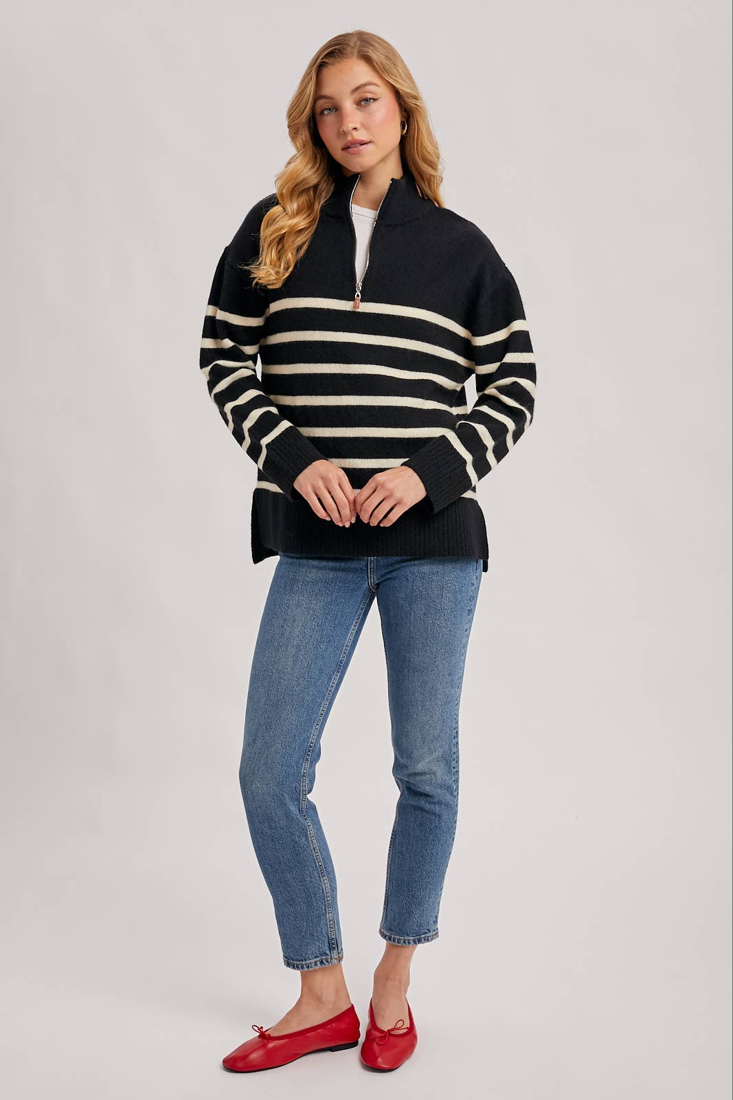 Bluivy - Wholesale Knit Sweater - Women's - QUARTER ZIP UP STRIPE SWEATER PULLOVER8