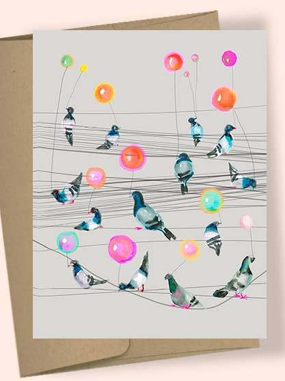 PIGEONS WITH BALLOONS ON POWERLINES WATERCOLOR GREETING CARD for wholesale by Studio Masha D'yans