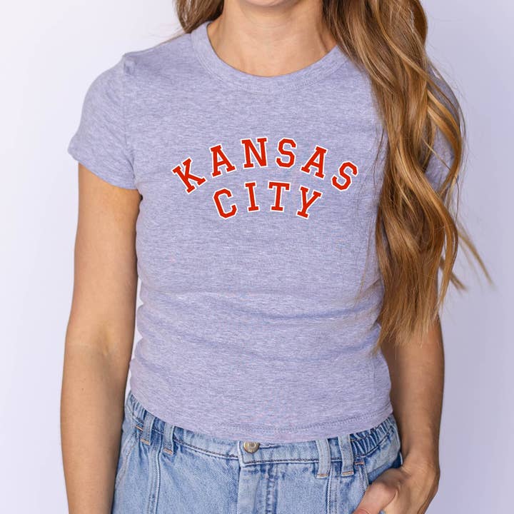 Kansas City Sporty Baby Tee Shirt - Grey with White & Red for wholesale by Carly Rae Studio