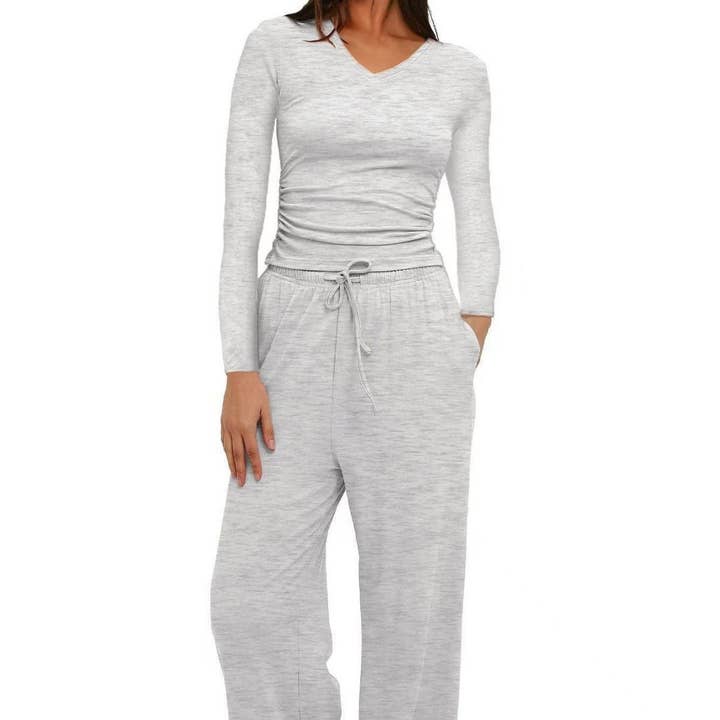 V-Neck Long Sleeve T-Shirt And Pants Set for wholesale by kycozy
