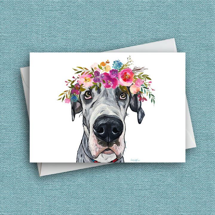Hippie Hound Studios – Engroshandel Hverdagshilsen kort – Bright Blooms hundekort 'Great Dane', søde hundekort
