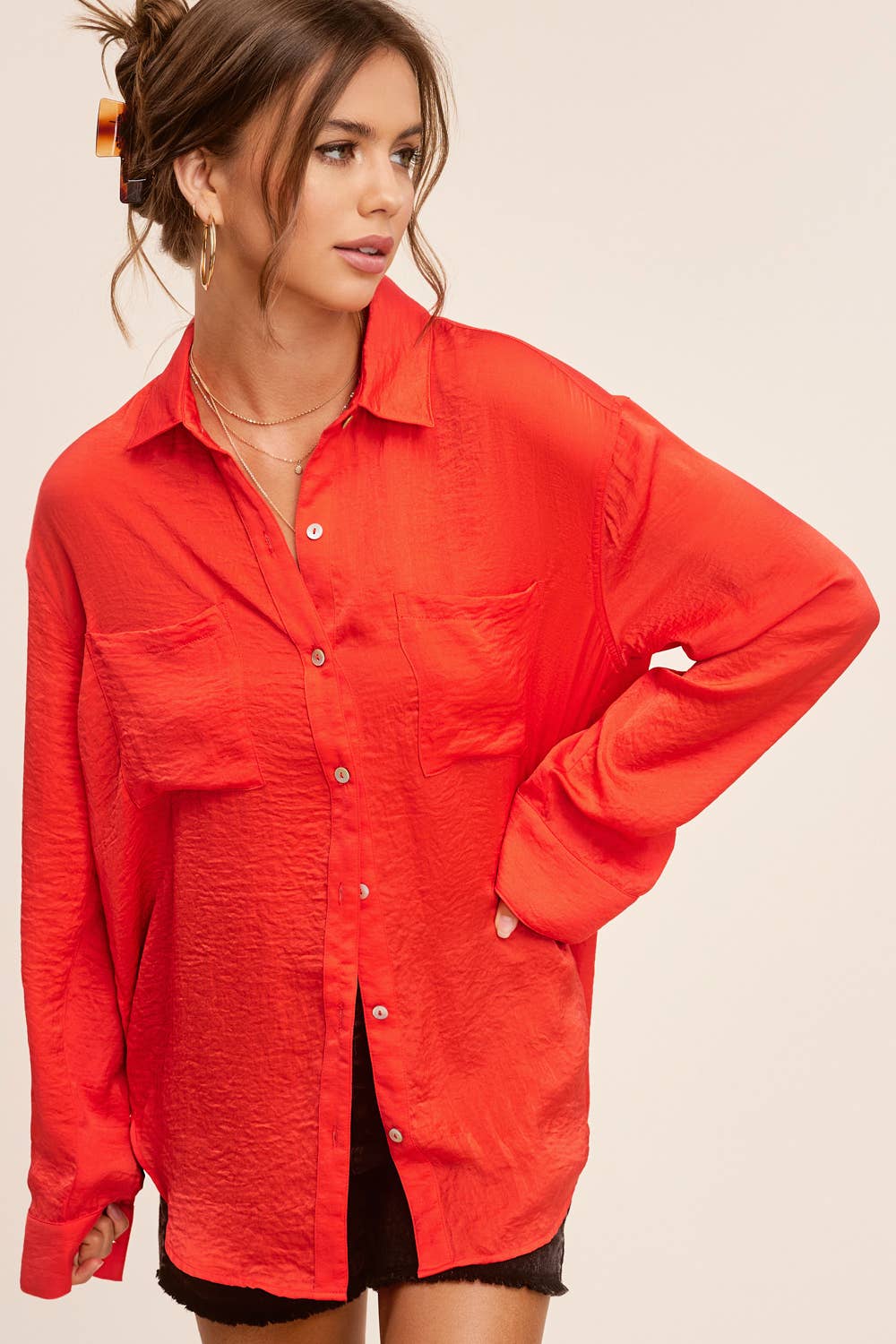 La Miel - Wholesale Button Down Shirt - Women's - SRT7452-Silky and Flowy Button Down Long Sleeve Shirts5