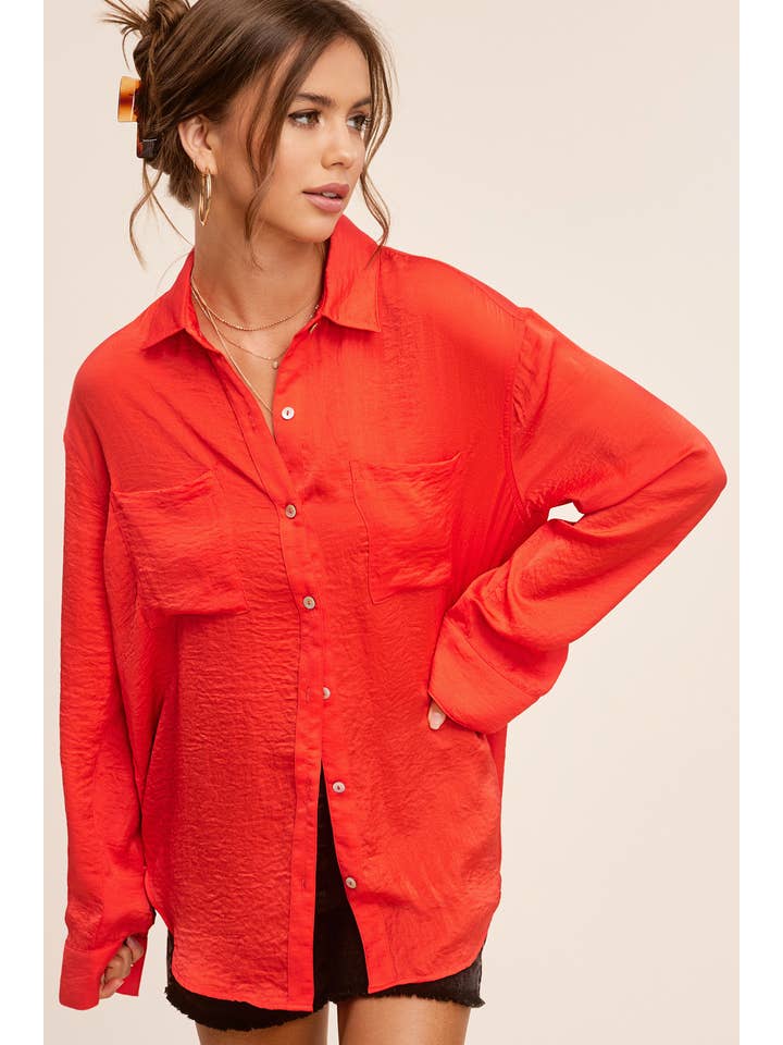La Miel - Wholesale Button Down Shirt - Women's - SRT7452-Silky and Flowy Button Down Long Sleeve Shirts5