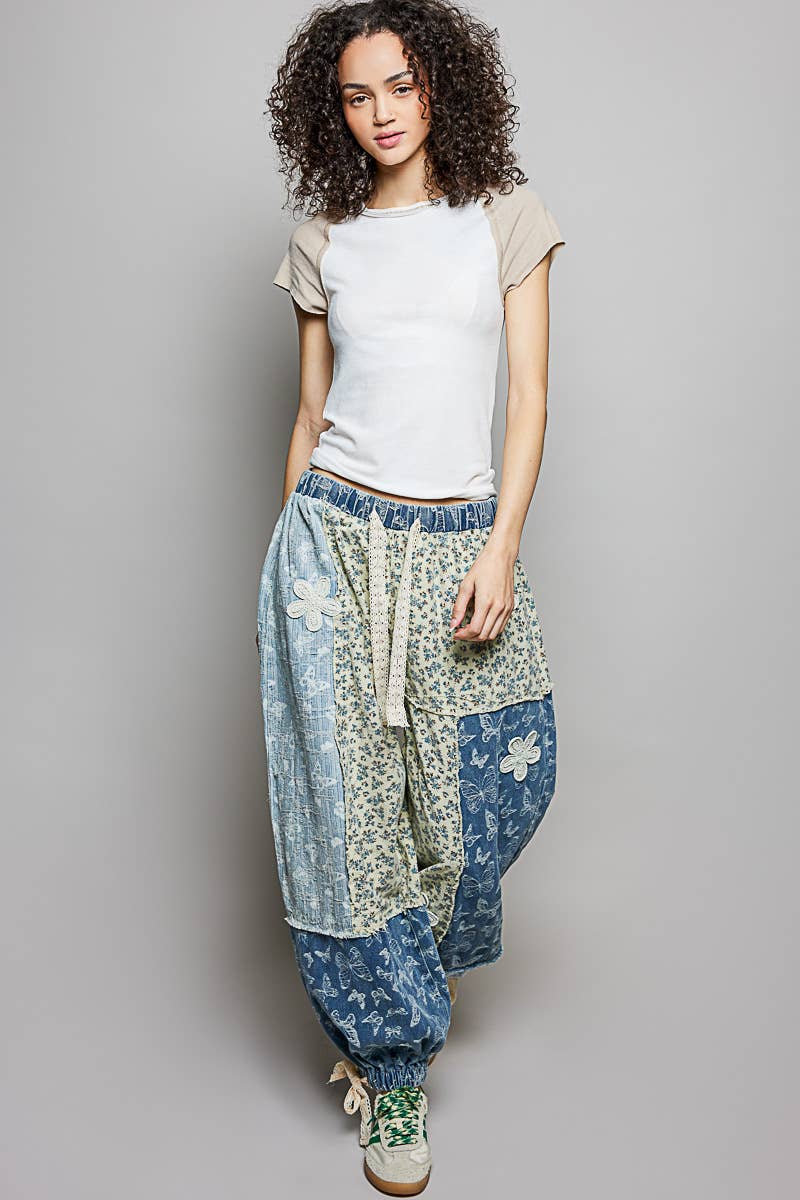 Pol Clothing - Wholesale Pants - Women's - Crochet patch detail contrast patchwork printed woven pants3