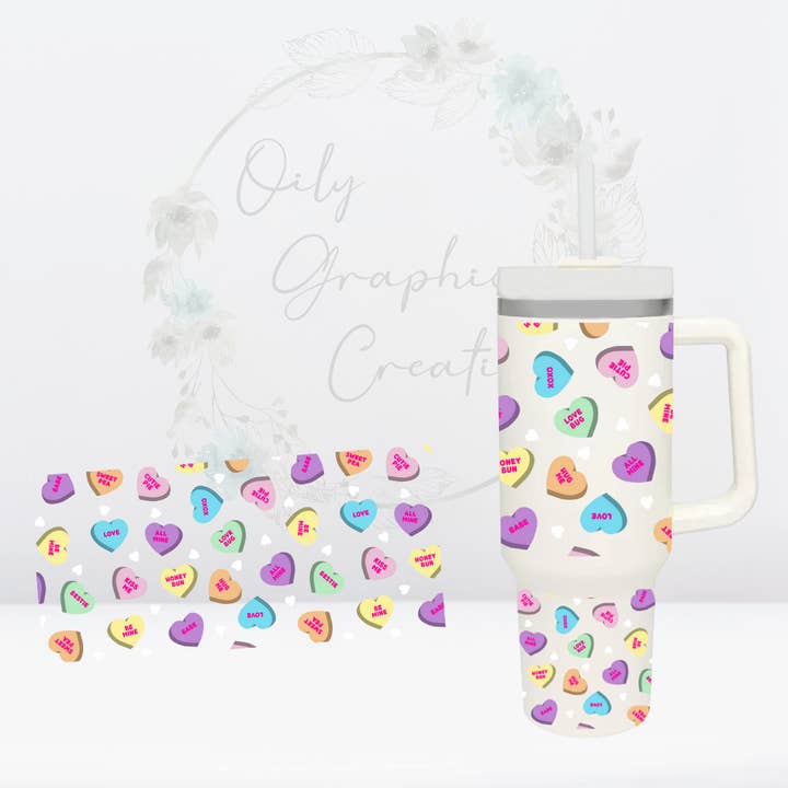 Candy Hearts-40oz UV DTF Tumbler Wrap for wholesale by Oily Graphic Creations